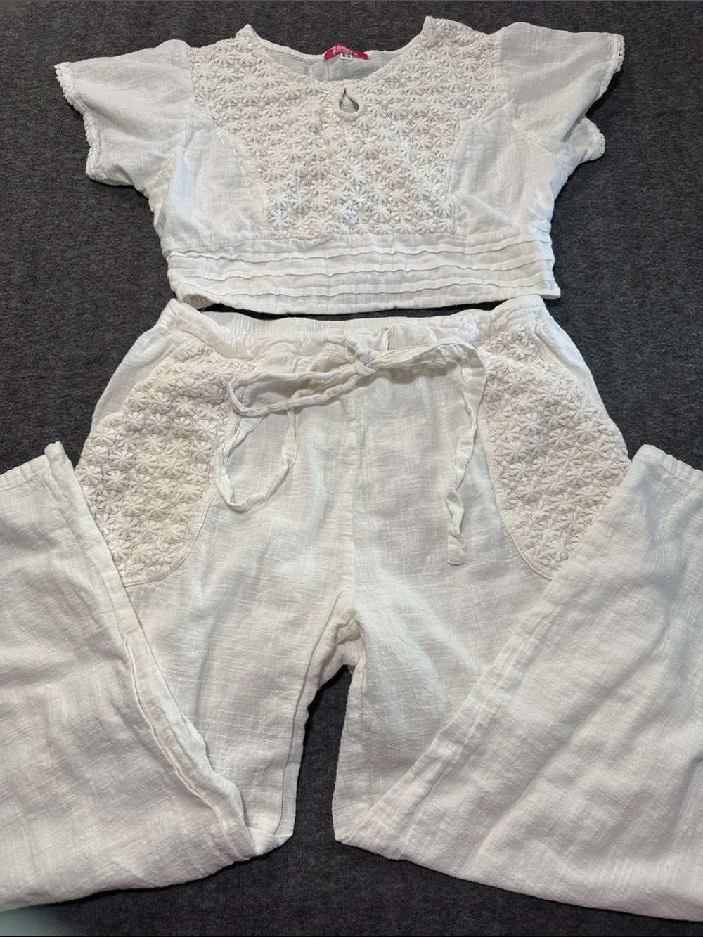 White Embroidered Wide-Leg Pants by